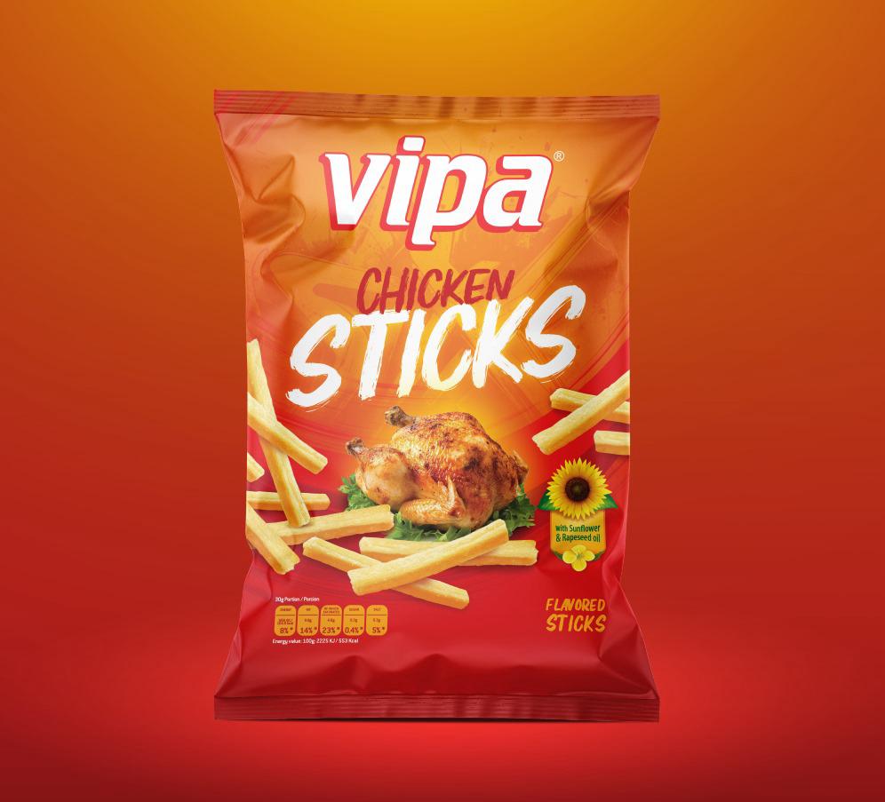 Front-facing red snack bag with chicken, fries-like sticks, and bold white lettering; centered against a warm orange-red gradient background.