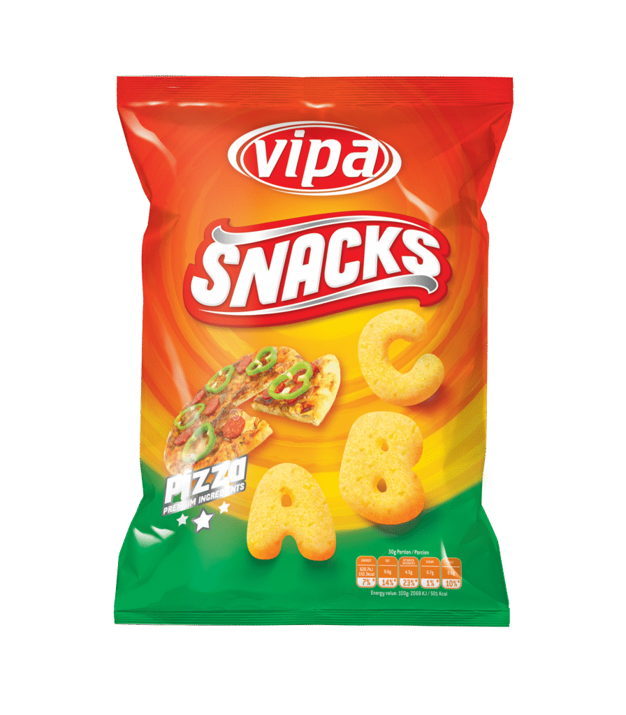 Front-facing red and green snack bag with letter-shaped crisps, a pizza image, and large product lettering; isolated against a dark background.