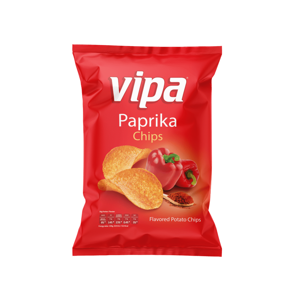 A centered red snack package showing potato chips and paprika peppers, isolated against a dark background.