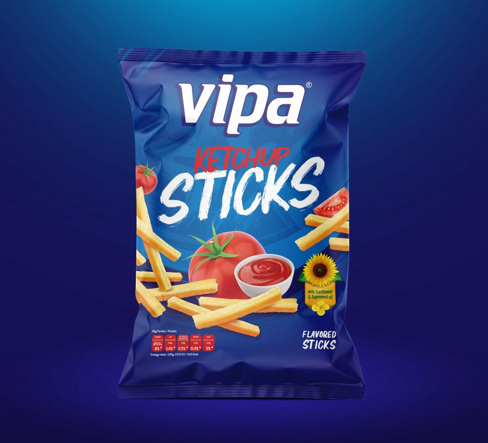 Front-facing blue snack bag with ketchup, tomatoes, stick-shaped snacks, and bold white lettering; centered against a dark blue gradient background.
