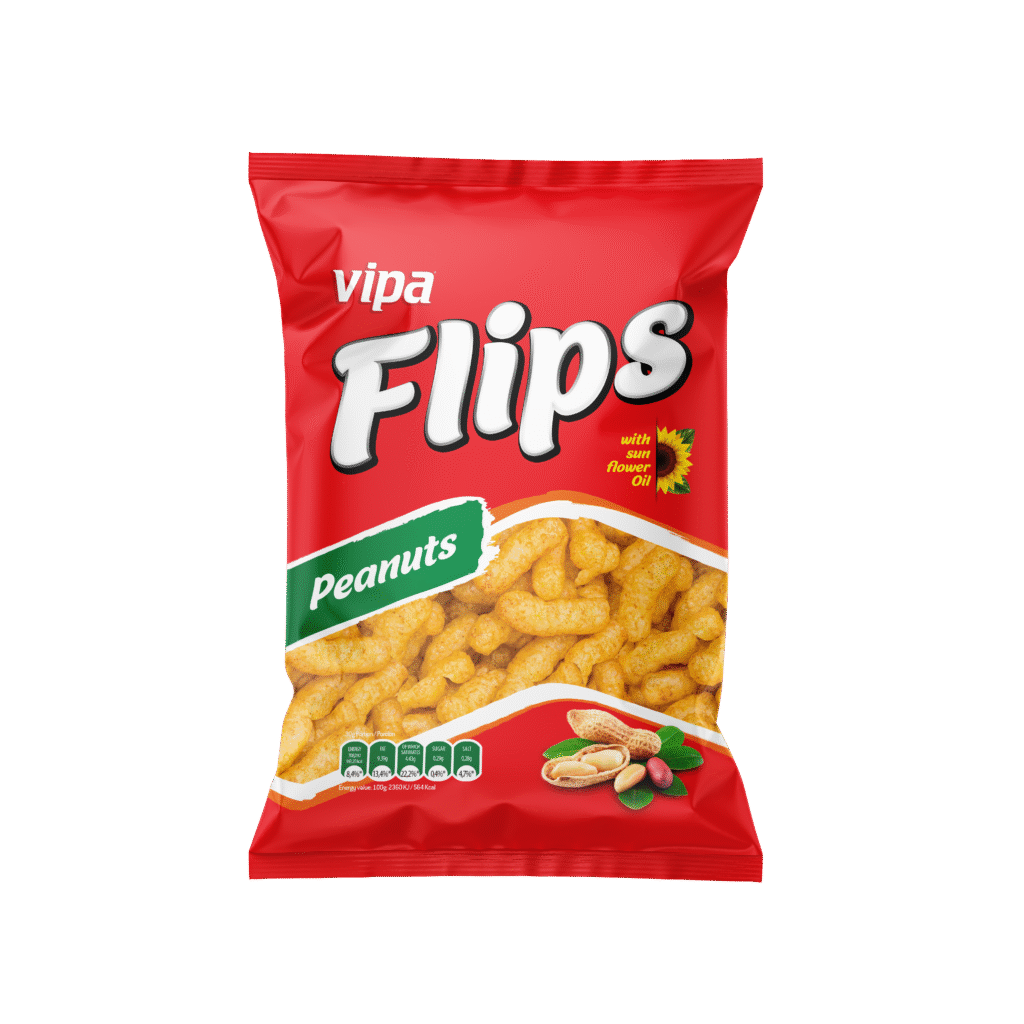 Front-facing red snack bag with peanut-shaped puffs, peanuts, and large white product lettering; isolated against a dark background.