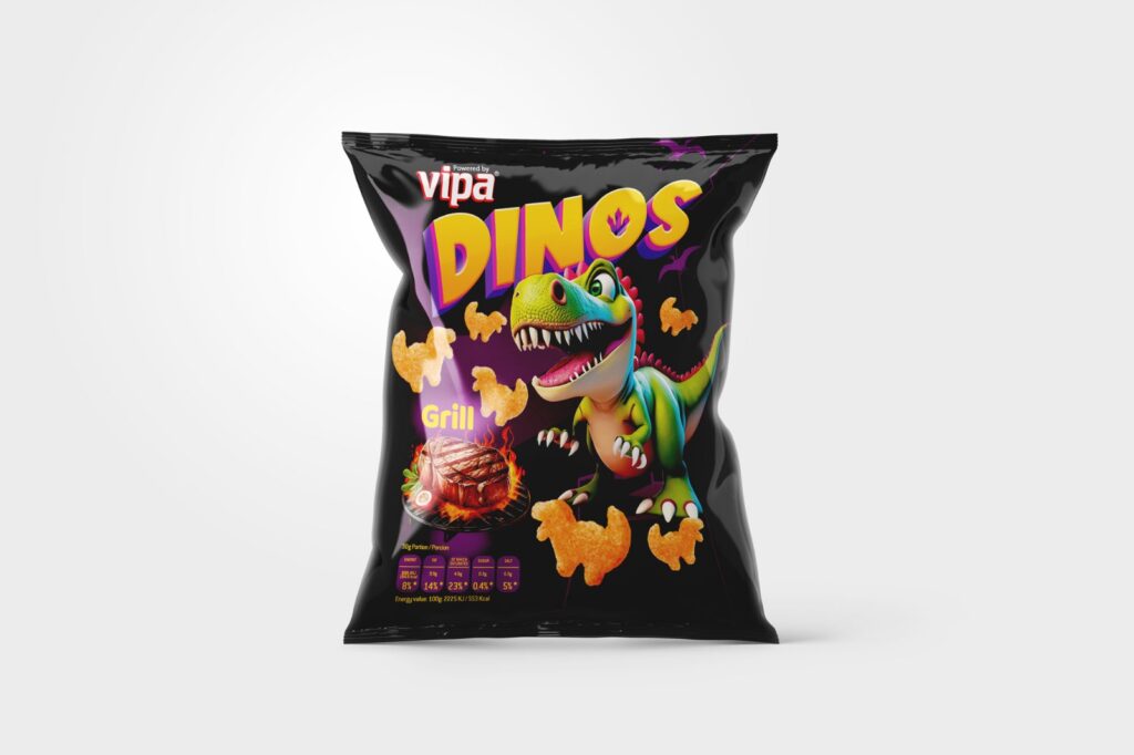 Front-facing black snack bag featuring a cartoon dinosaur, cheese snacks, and a grilled-food image; centered on a light gray background with soft lighting.